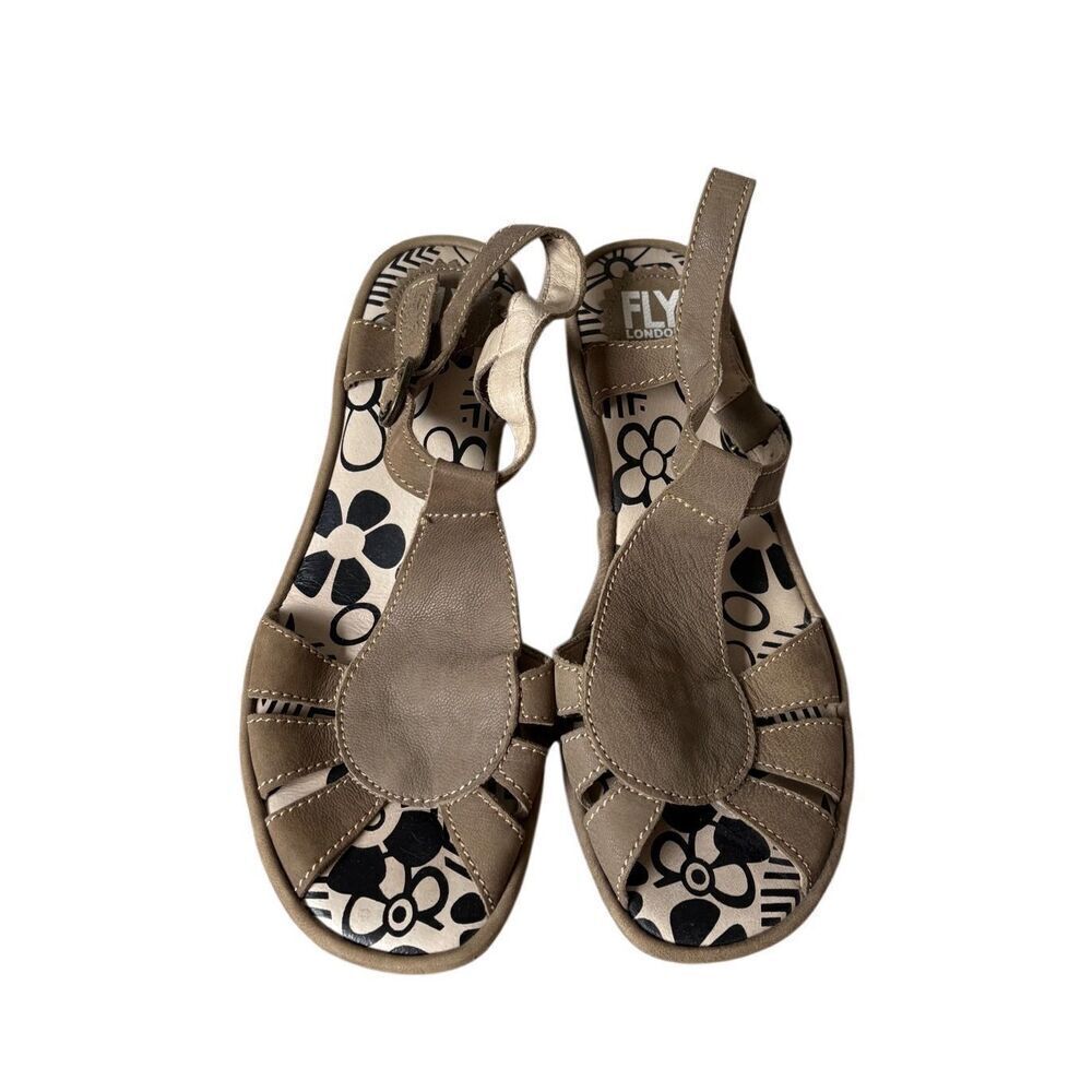 Fly London Low Wedge Slingback Sandals size 39 US 8 8.5 Taupe Open Toe